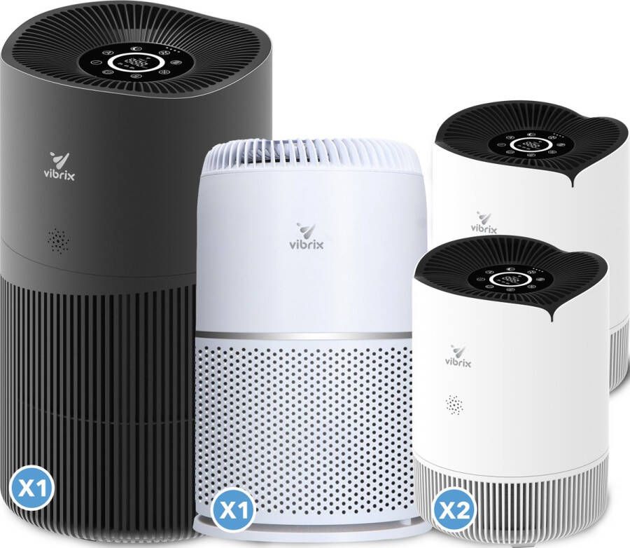 Vibrix Luchtreiniger Set C Woonkamer en Slaapkamer HEPA Filter Ionisator Luchtfilter Air Purifier Air Cleaner PureFlow30 PureFlow70 Vortex20