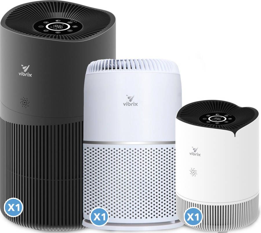 Vibrix Luchtreiniger Set E Woonkamer en Slaapkamer HEPA Filter Ionisator Luchtfilter Air Purifier Air Cleaner PureFlow30 PureFlow70 Vortex20