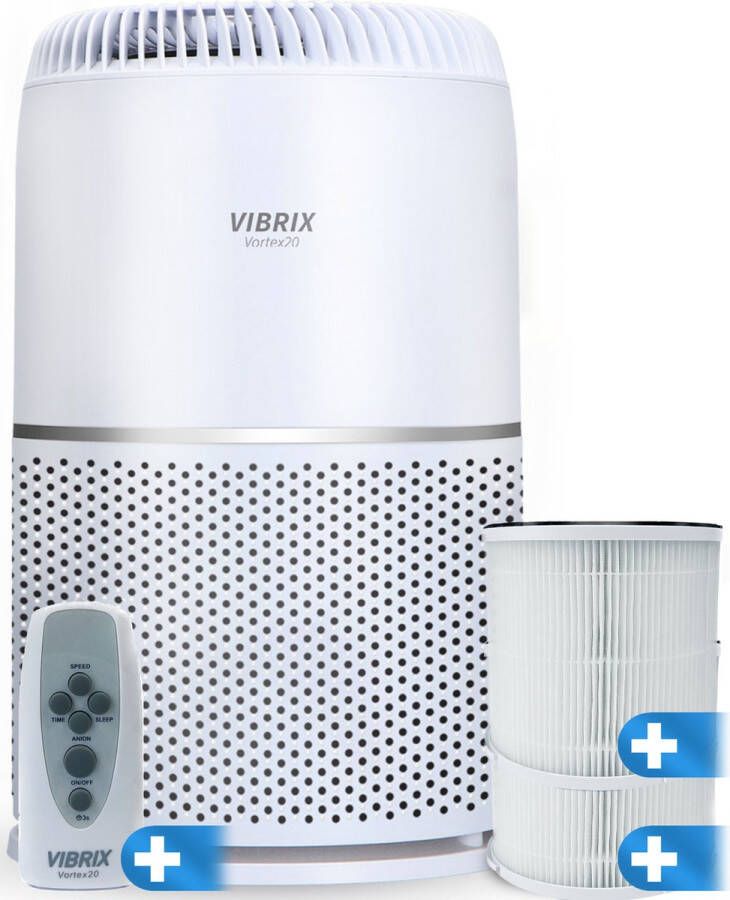 Vibrix Vortex20 luchtreiniger + 1 EXTRA filter + afstandsbediening Geschikt voor 1 m² tot wel 70 m² Automatische stand + 6-in-1 HEPA filtersysteem Luchtkwaliteitsindicator Ionisator Luchtfilter Air purifier met HEPA-filter Kerstcadeau