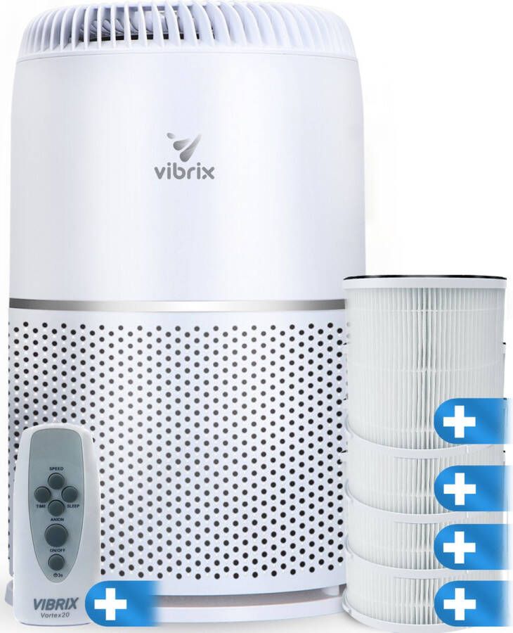 Vibrix Vortex20 luchtreiniger + 3 EXTRA filters + afstandsbediening Geschikt voor 1 m² tot wel 70 m² Automatische stand + 6-in-1 HEPA filtersysteem Luchtkwaliteitsindicator Ionisator Luchtfilter Air purifier met HEPA-filter Kerstcadeau