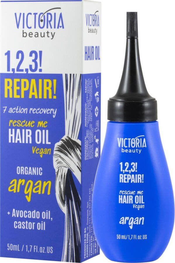 Victoria Beauty 1 2 3! Repair! Rescue Me Hair Oil 50ml REPARATIE! Rescue Me haarolie Herstel met 7 acties Vegan Biologische argan + Avocado- en castor oliën