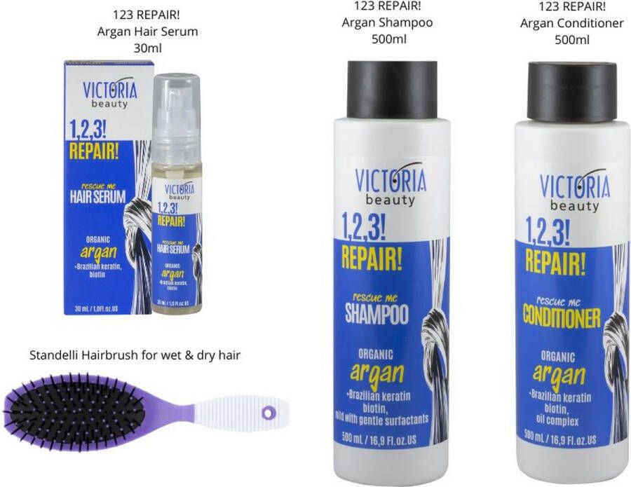 Victoria Beauty 1 2 3! Repair! Rescue Me Wellness Lab Cosmetics 4 delige set Shampoo Conditioner Serum Borstel