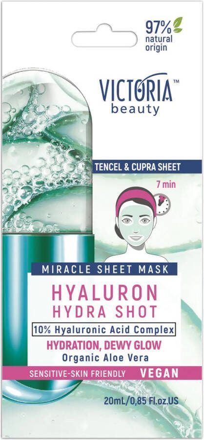 Victoria Beauty | Prijs per 3 verpakkingen Hydra Shot 7 minuten Miracle Aloë Vera-sheet mask 10% hyaluronzuurcomplex en niacinamide 20 ml Hydratatie en bedauwde glans Vegan