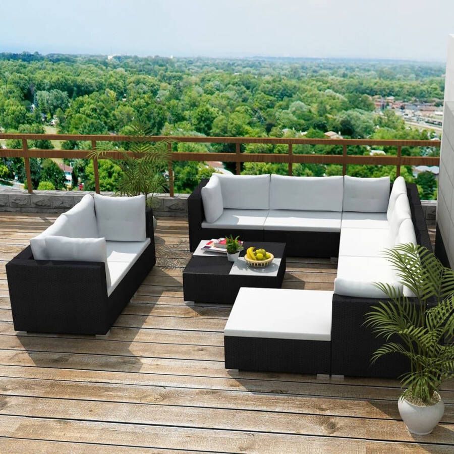 VidaLife 10-delige Loungeset met kussens poly rattan zwart