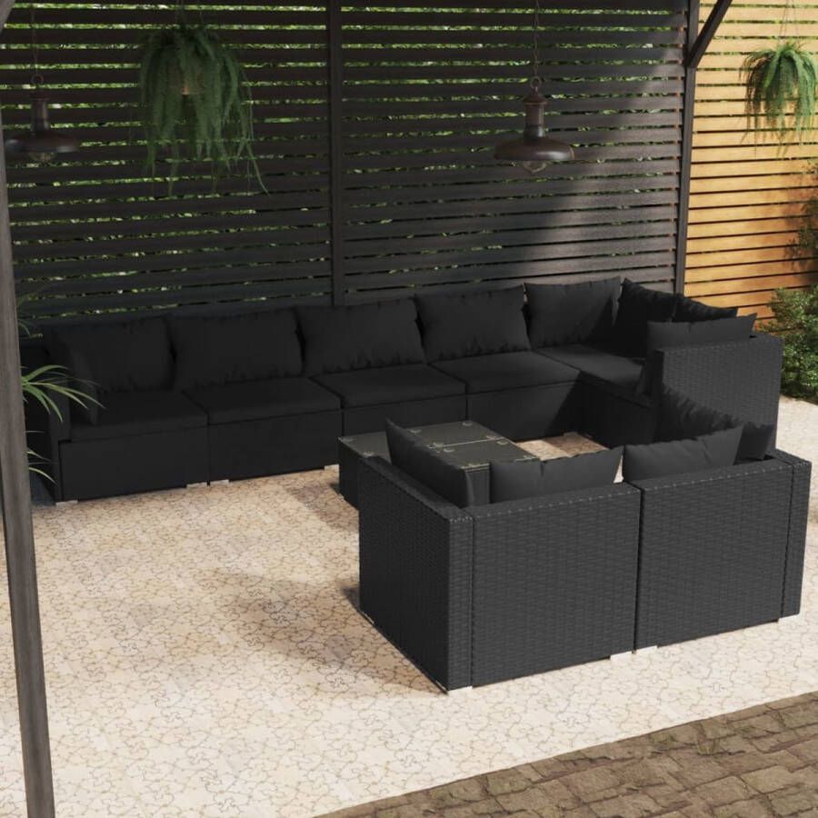 VidaLife 9-delige Loungeset met kussens poly rattan zwart