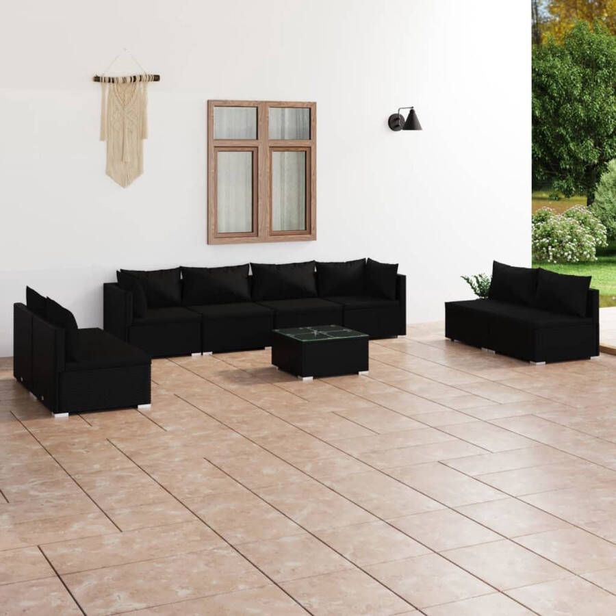 VidaLife 9-delige Loungeset met kussens poly rattan zwart