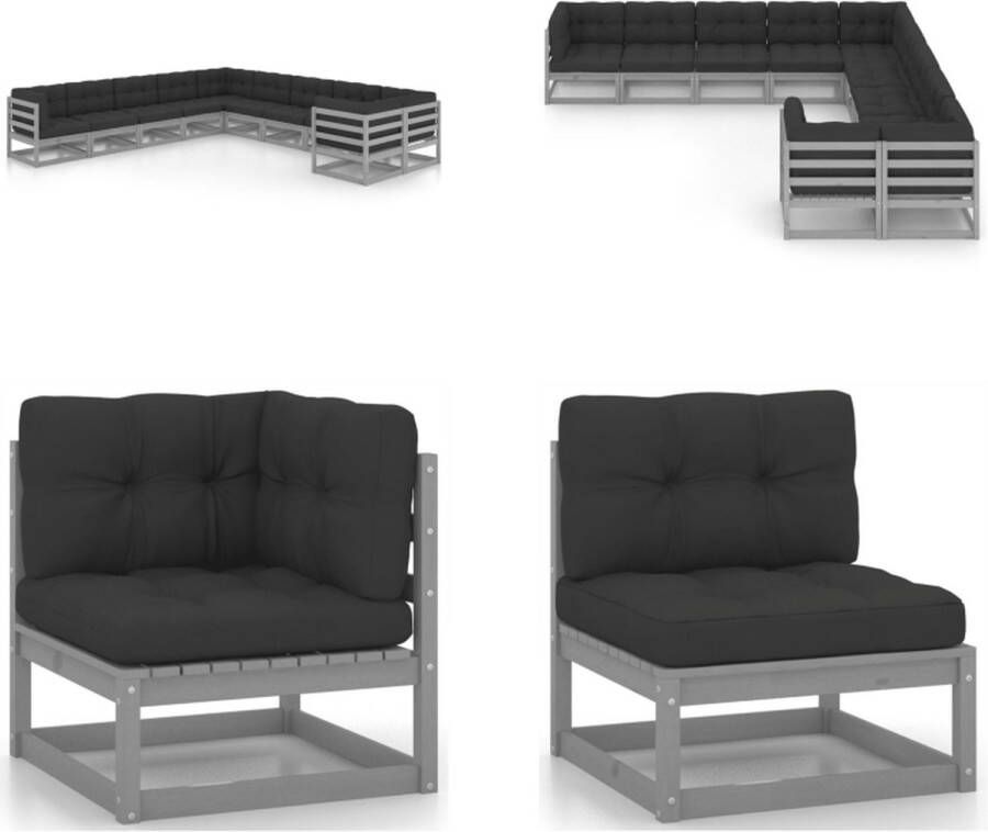 VidaXL 10-delige Loungeset met kussens massief grenenhout grijs Loungeset Loungesets Tuinsets