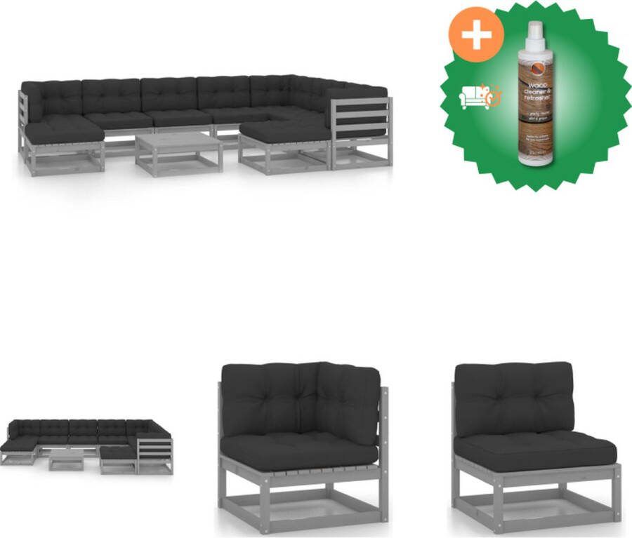 VidaXL Grenenhouten loungeset Grijs Hoekbank middenbank tafel voetenbank 70 x 70 x 67 cm Kussens Montage vereist 9 zitkussens 10 rugkussens Tuinset Inclusief Houtreiniger en verfrisser