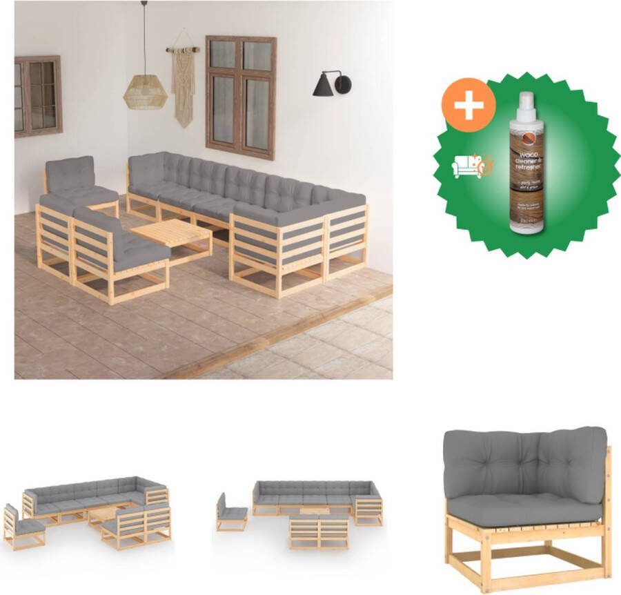 VidaXL Tuinset Grenenhout Grijs 6x Middenbank 3x Hoekbank 1x Tafel 9x Zitkussen 12x Rug Zijkussen Tuinset Inclusief Houtreiniger en verfrisser