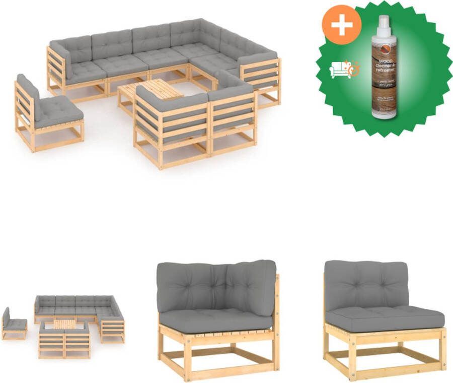 VidaXL Tuinset Grenenhout Hoekbank + Middenbank + Tafel Grijs Kussen 70x70x67 cm Montage vereist Levering bevat kussens (9 zitkussens + 14 rugkussens) Tuinset Inclusief Houtreiniger en verfrisser