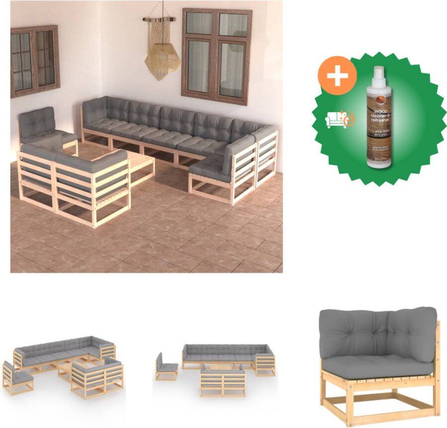 VidaXL Tuinset Grenenhout Grijs 70x70x67cm 9x zitkussen 14x rug zijkussen Tuinset Inclusief Houtreiniger en verfrisser
