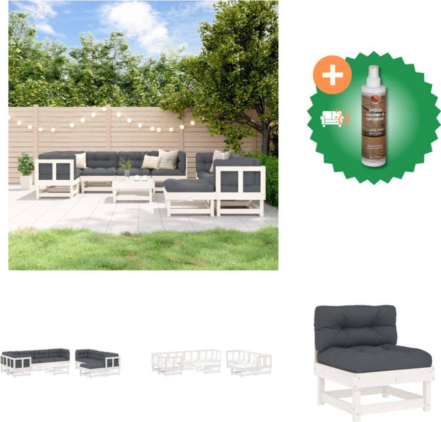 VidaXL Loungeset Grenenhout Wit 3 middenbank + 5 hoekbank + 2 voetenbank salontafel Antraciet kussens Tuinset Inclusief Houtreiniger en verfrisser