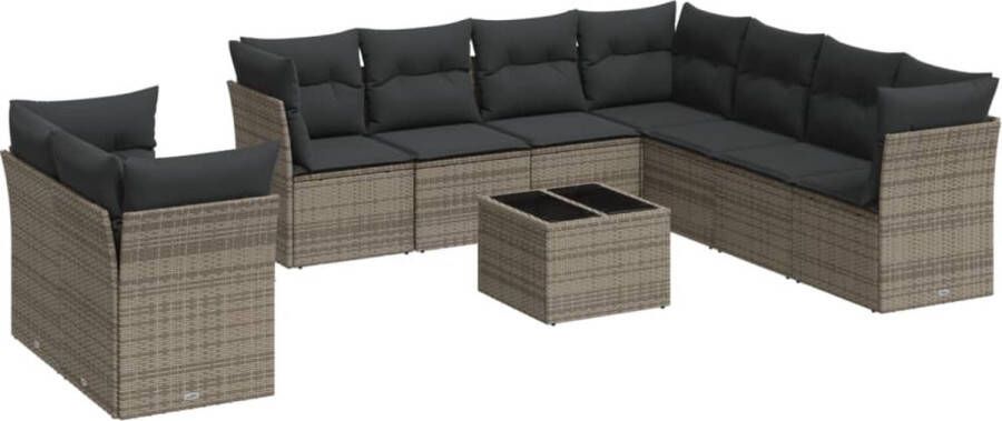 VidaXL 10-delige Loungeset met kussens poly rattan grijs