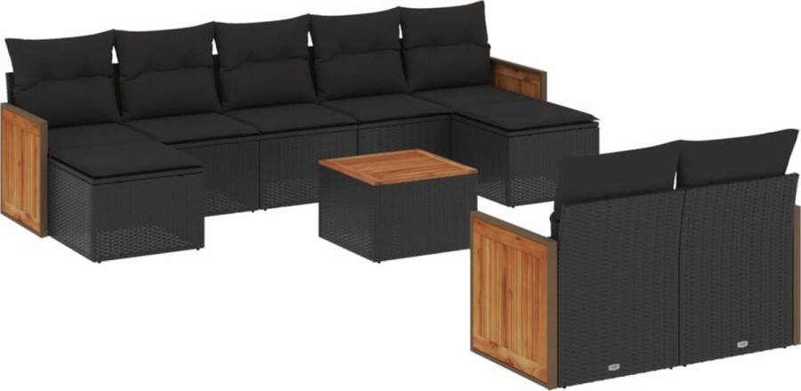 VidaXL 10-delige Loungeset met kussens poly rattan zwart
