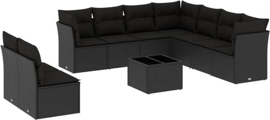 VidaXL 10-delige Loungeset met kussens poly rattan zwart