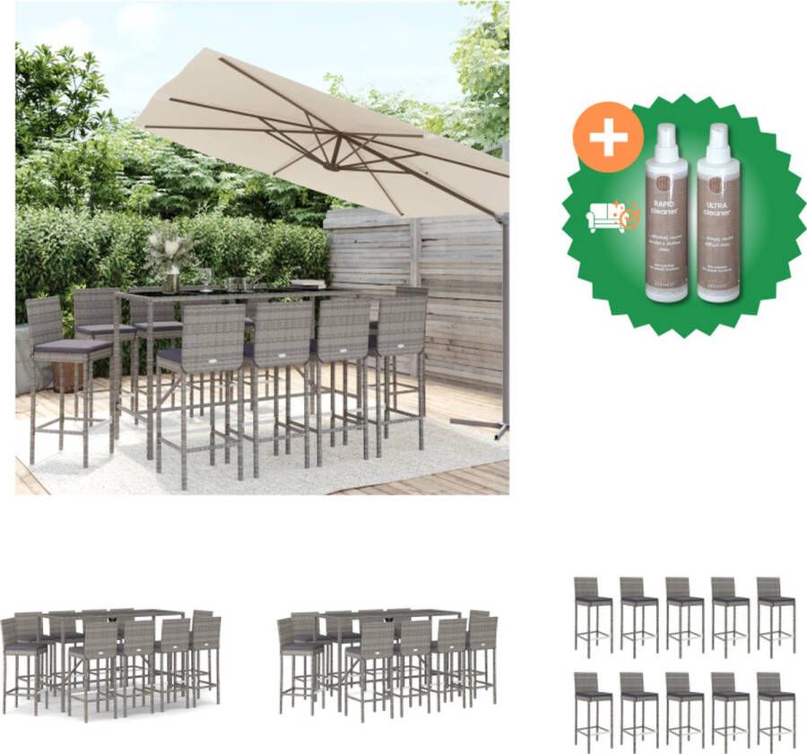 VidaXL Tuinbarset Rattan Grijs 180x70x110 cm Met Gehard Glas Inclusief 10 Barkrukken en Kussens Tuinset Inclusief Onderhoudsset