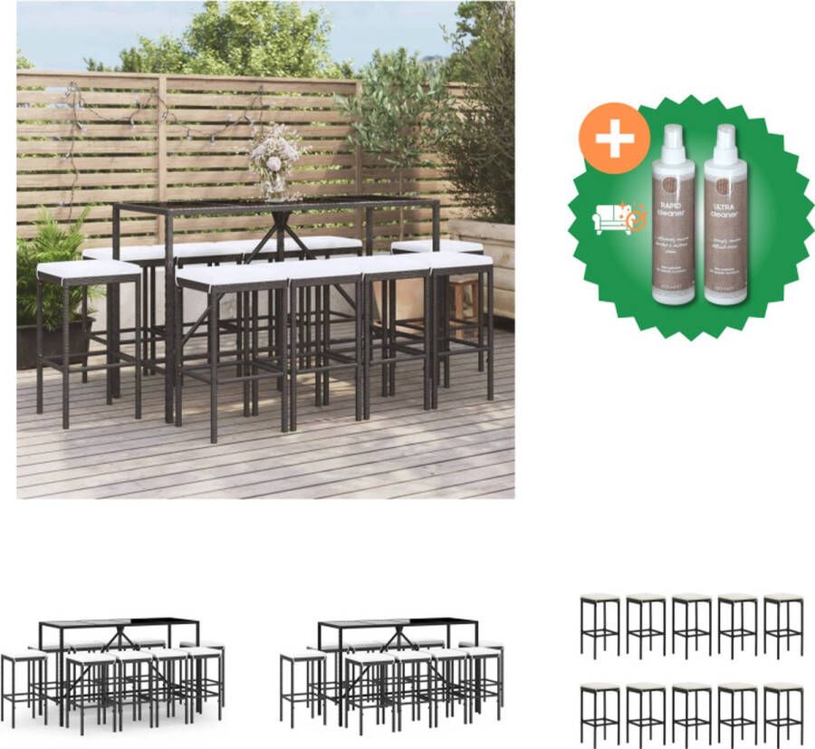 VidaXL Tuinbarset PE-rattan Zwarte Barkrukken 180x70x110 cm Gehard glazen tafelblad Incl kussens Tuinset Inclusief Onderhoudsset