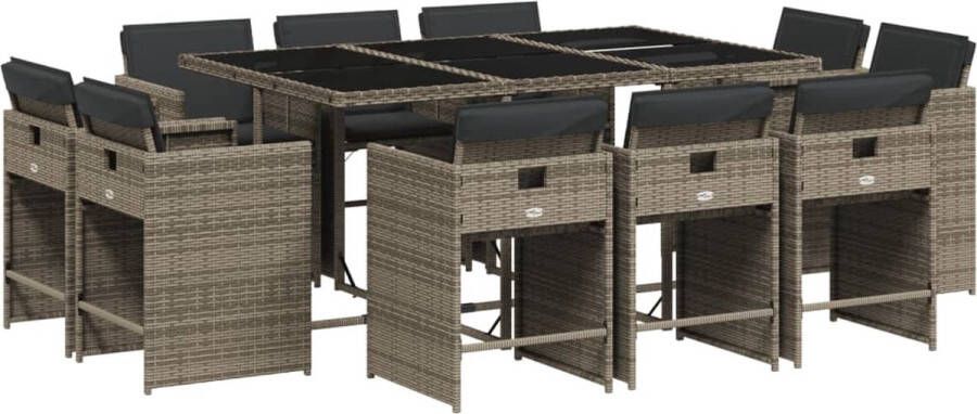 VidaXL 11-delige Tuinset met kussens poly rattan grijs