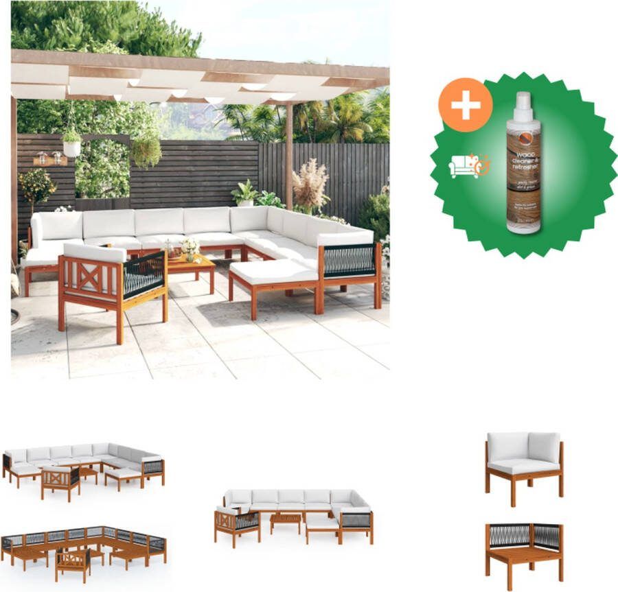 VidaXL 12 delige Loungeset met kussens massief acaciahout crèmekleurig Tuinset Inclusief Houtreiniger en verfrisser