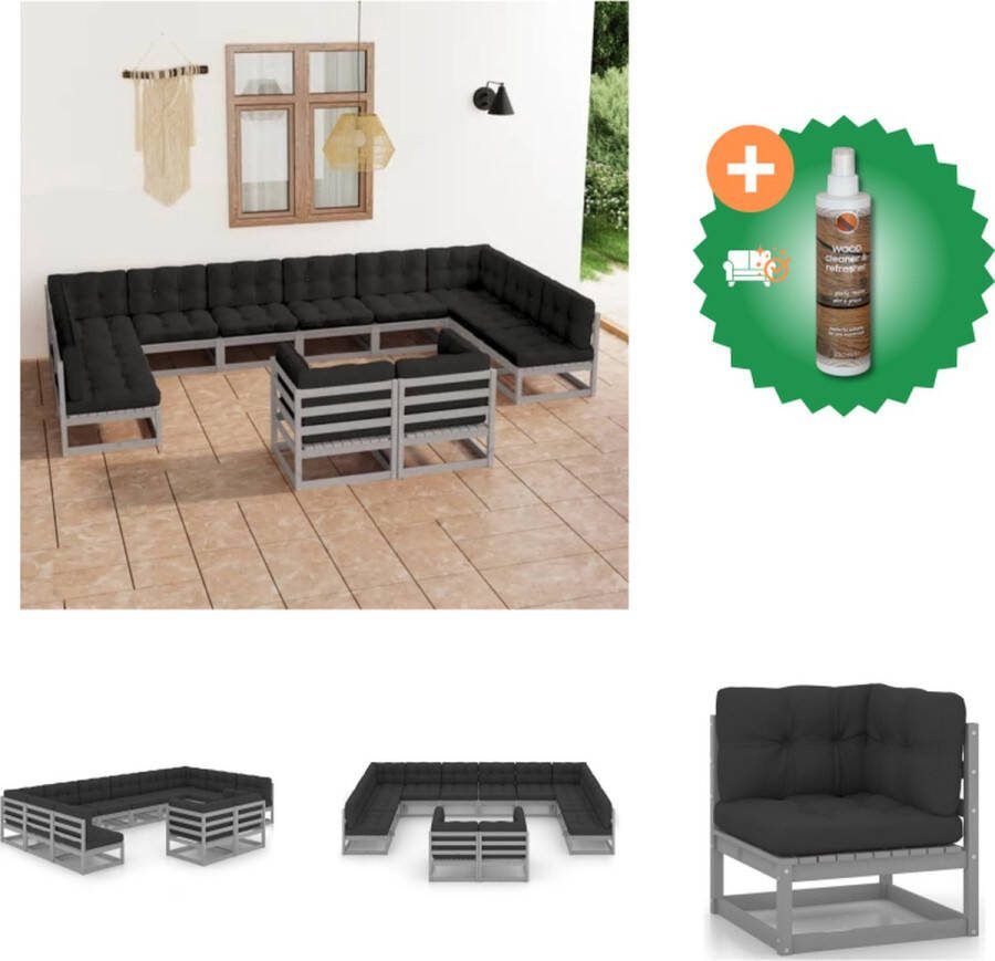 VidaXL Loungeset Grenenhout Hoekbank 70x70x67 cm Grijs springkussen Tuinset Inclusief Houtreiniger en verfrisser
