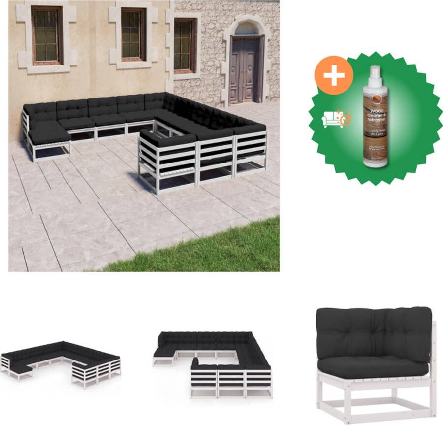 VidaXL Tuinset Grenenhout Hoekbank + Middenbank + Voetenbank Wit Afmetingen- 70 x 70 x 67 cm Inclusief 12 zitkussens en 15 rugkussens (- ) Tuinset Inclusief Houtreiniger en verfrisser