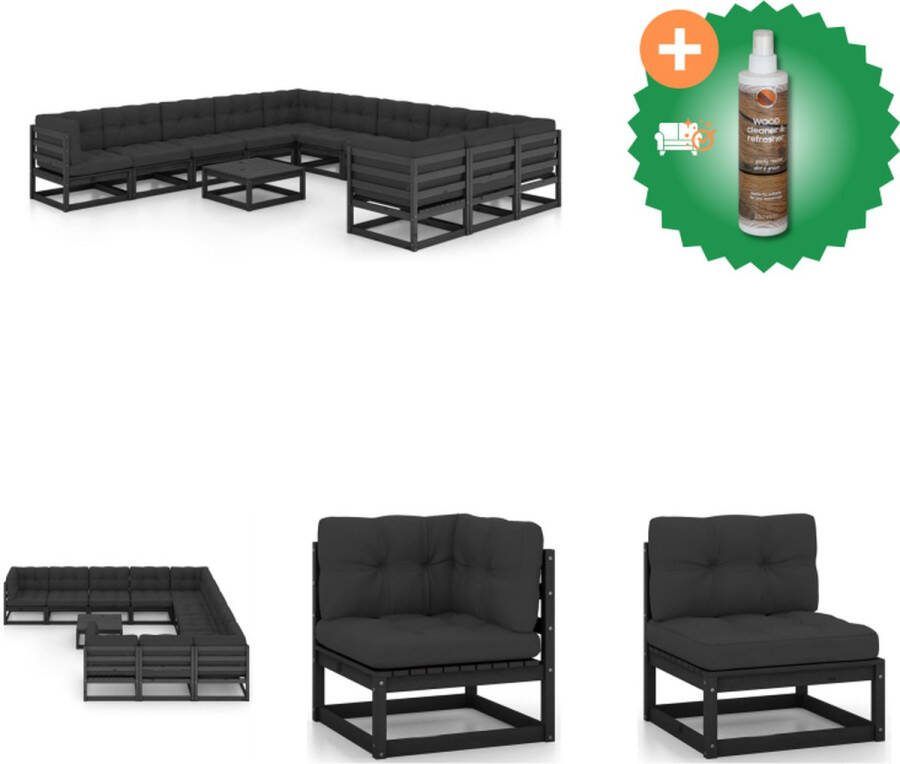VidaXL Tuinset Grenenhout Hoekbank Middenbank Tafel Zitkussens Rugkussens Zwart Antraciet Tuinset Inclusief Houtreiniger en verfrisser