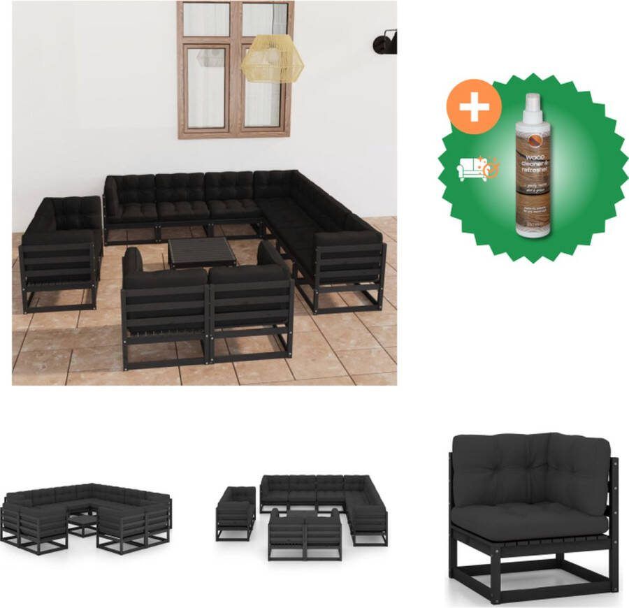 VidaXL Grenen Tuinset Hoekbank Middenbank Tafel Zitkussen Rugkussen Zwart Antraciet 100% polyester Tuinset Inclusief Houtreiniger en verfrisser