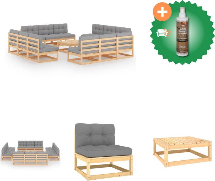VidaXL Tuinset Grenenhout Modulair Grijs 12x Middenbank 1x Tafel 12x Zitkussen 12x Rugkussen Tuinset Inclusief Houtreiniger en verfrisser
