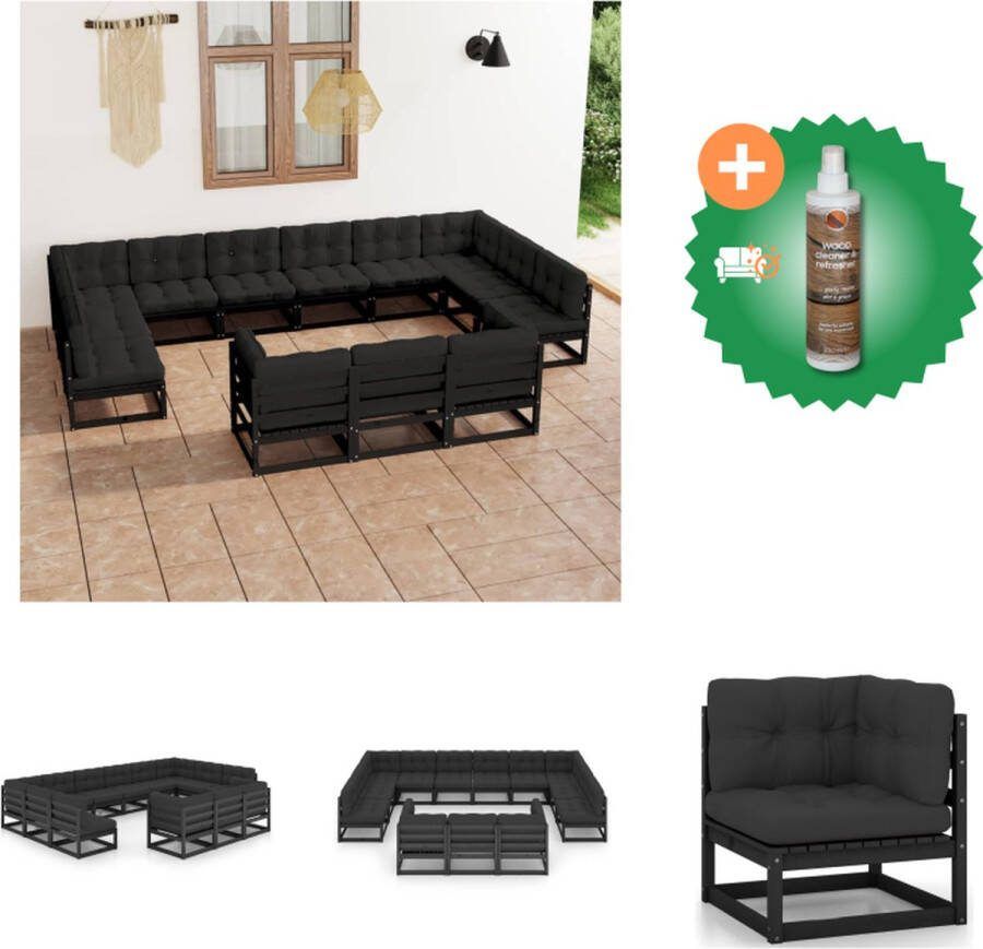 VidaXL Grenenhouten Loungeset Hoekbank en Middenbank Zwart Afmetingen 70x70x67cm Inclusief 9 zitkussens en 17 rugkussens Tuinset Inclusief Houtreiniger en verfrisser