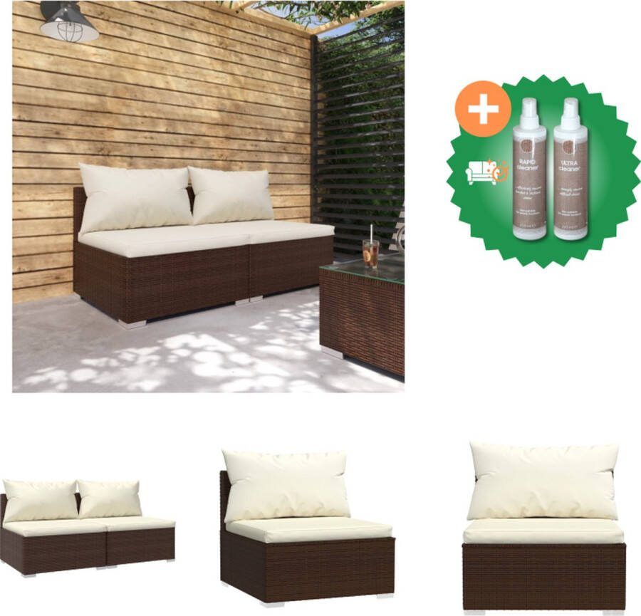 VidaXL Poly Rattan Tuinset Modulair Design Waterbestendig Stevig Frame Comfortabele Kussens Bruin Crème 2 x Middenbank 2 x Zitkussen 2 x Rugkussen Tuinset Inclusief Onderhoudsset