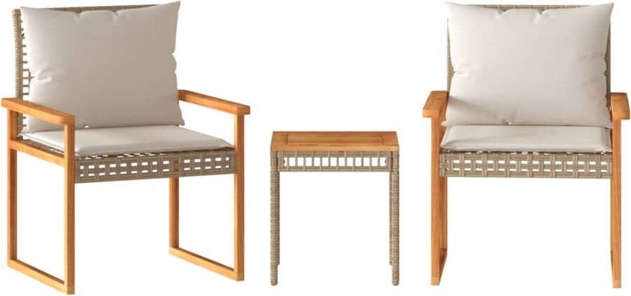 VidaXL 3-delige Bistroset en kussens poly rattan en hout gemengd beige
