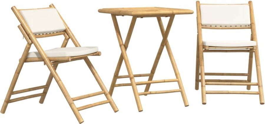 VidaXL 3-delige Bistroset inklapbaar met kussens bamboe crèmewit