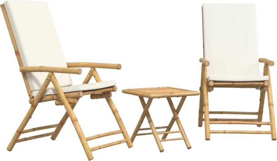 VidaXL 3-delige Bistroset inklapbaar met kussens bamboe crèmewit