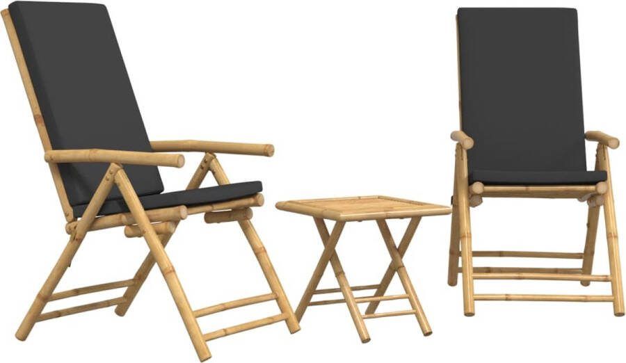 VidaXL 3-delige Bistroset inklapbaar met kussens bamboe donkergrijs