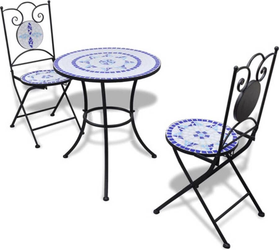 VidaXL Bistrotafel met 2 stoelen 60 cm mozaïek blauw wit