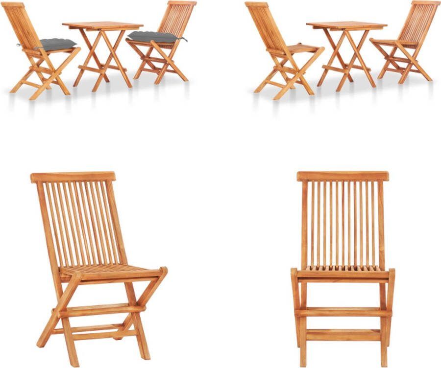 VidaXL 3-delige Bistroset met grijze kussens massief teakhout Bistroset Bistrosets Bistrotafel En -stoel Bistrotafels En -stoelen