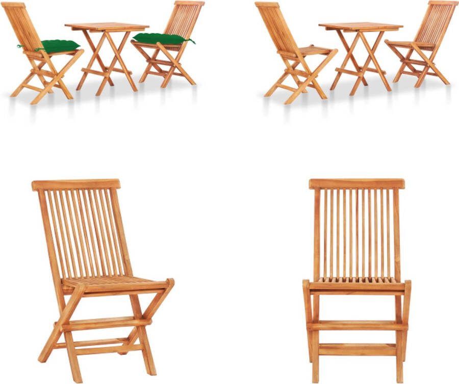 VidaXL 3-delige Bistroset met groene kussens massief teakhout Bistroset Bistrosets Bistrotafel En -stoel Bistrotafels En -stoelen