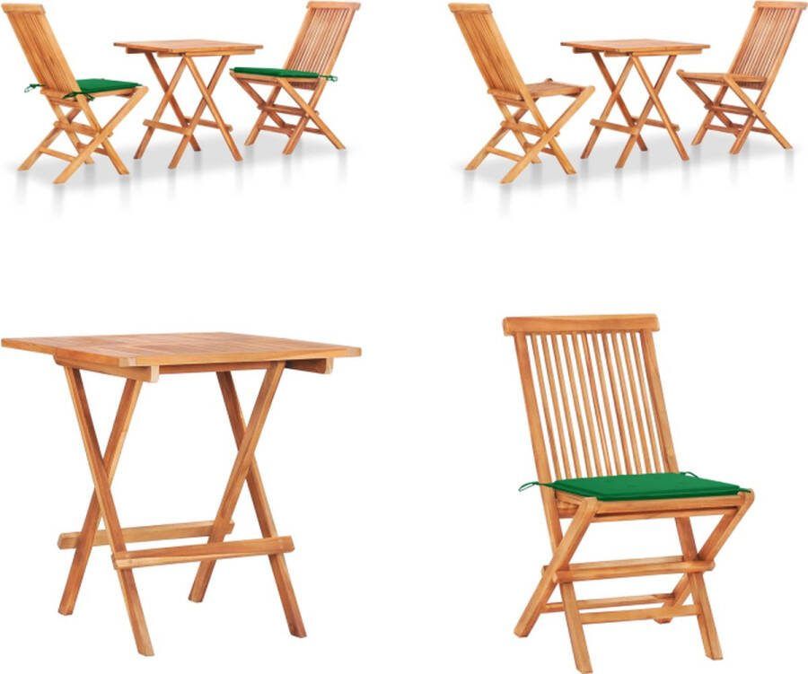 VidaXL 3-delige Bistroset met groene kussens massief teakhout Bistroset Bistrosets Bistrotafel En -stoel Bistrotafels En -stoelen