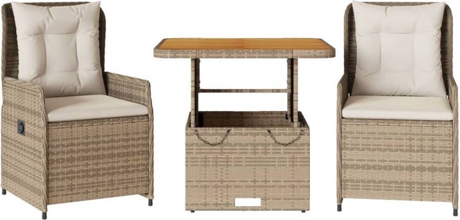 VidaXL 3-delige Bistroset met kussens poly rattan beige