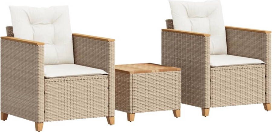VidaXL 3-delige Bistroset met kussens poly rattan en acaciahout beige