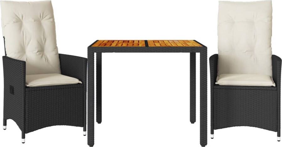 VidaXL 3-delige Bistroset met kussens poly rattan en acaciahout zwart