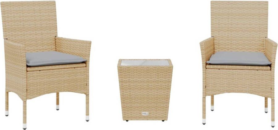 VidaXL 3-delige Bistroset met kussens poly rattan en glas beige