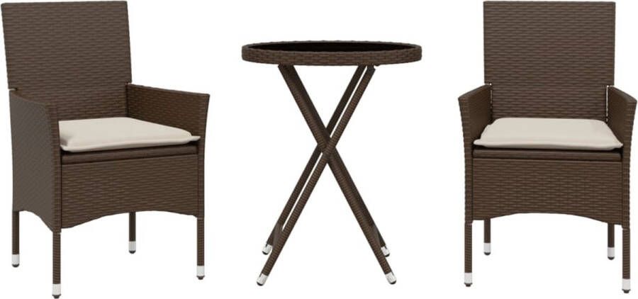 VidaXL 3-delige Bistroset met kussens poly rattan en glas bruin
