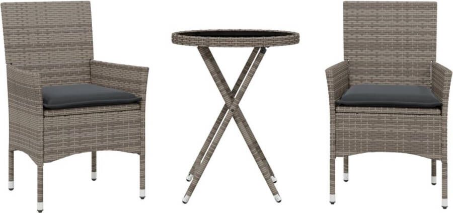 VidaXL 3-delige Bistroset met kussens poly rattan en glas grijs