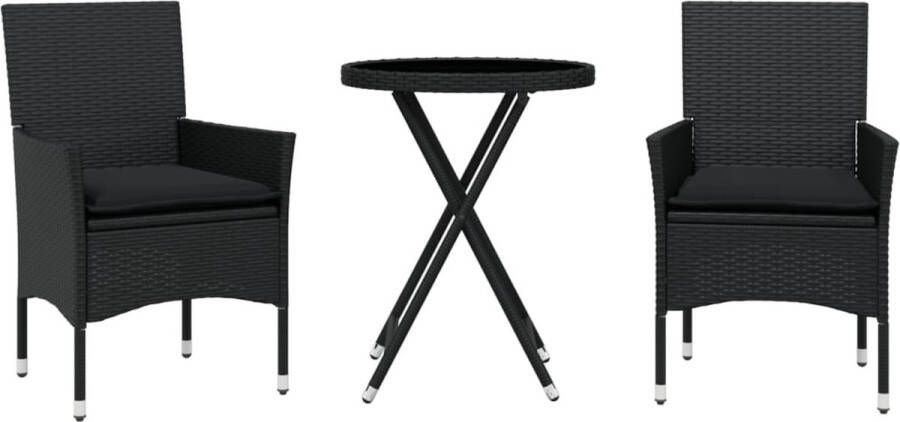 VidaXL 3-delige Bistroset met kussens poly rattan en glas zwart