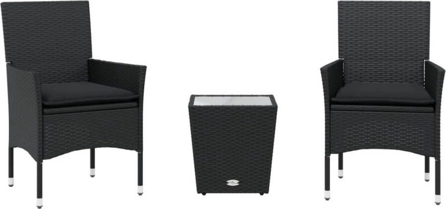 VidaXL 3-delige Bistroset met kussens poly rattan en glas zwart