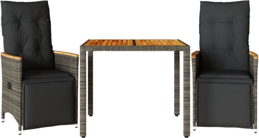 VidaXL 3-delige Bistroset met kussens poly rattan grijs