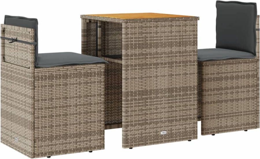 VidaXL 3-delige Bistroset met kussens poly rattan grijs