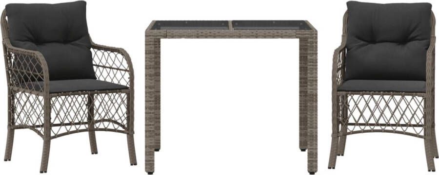VidaXL 3-delige Bistroset met kussens poly rattan grijs