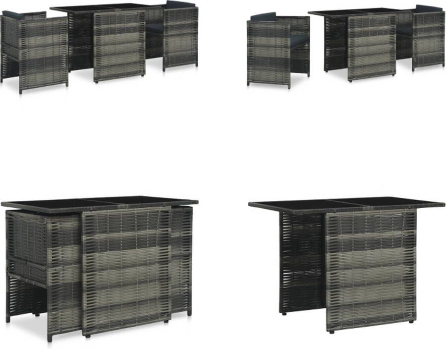 VidaXL 3-delige Bistroset met kussens poly rattan grijs Eettafel Met Stoelen Voor In De Tuin Eettafels Met Stoelen Voor In De Tuin Tuinmeubilair Tuintafel En Stoelen